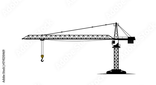 Silhouette of a construction crane with black and yellow hook on white backgr…