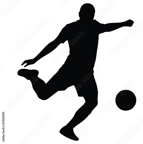 A black silhouette of a soccer player kicking a ball on a white background