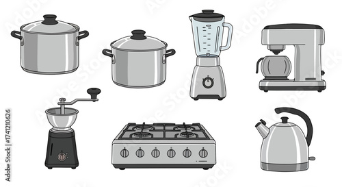 Essential kitchen appliances collection in modern style for home cooking