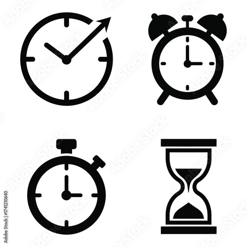 Four iconic timekeeping symbols representing time management and measurement clocks and hourglasses silhouette