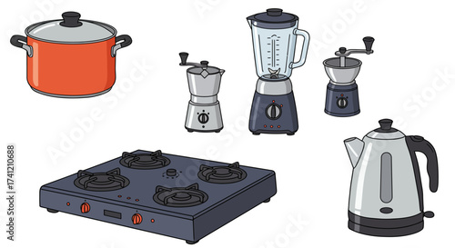Kitchen appliances collection featuring blender, stove, and coffee maker in c…