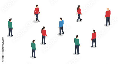 Isometric crowd walking: diverse group in casual attire on white background