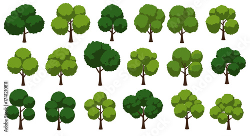 Collection of various green trees with diverse shapes and shades