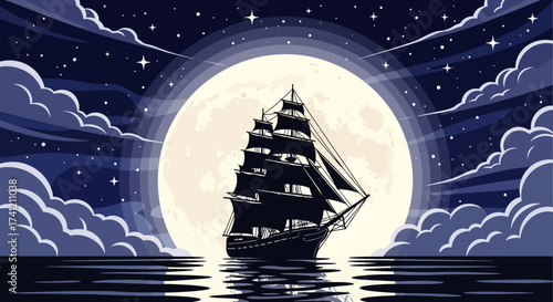 A sailing ship silhouetted against a large full moon at night, with clouds and stars in the sky, reflected in the water.