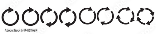 Blue circle arrows icon set. Round reload sign, repeat icon, rotate arrow symbol, arrow pictogram, refresh reload rotation loop sign set