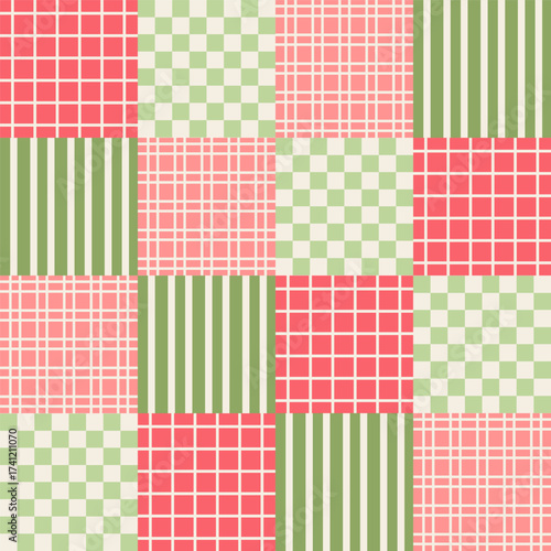 Christmas patchwork geometric seamless pattern. Plaid and checked pattern design. Modern holiday design for wrapping paper, festive backgrounds, and winter wallpaper.