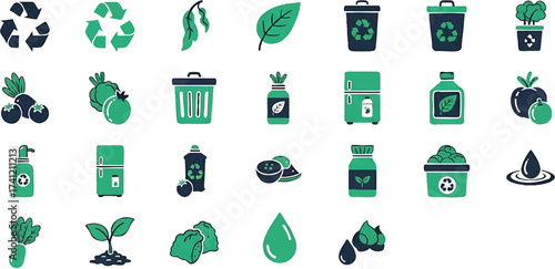 Eco Food Recycling Icons Set – Sustainability, Organic, Green Living, Zero Waste