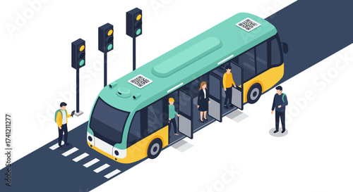 Isometric city bus scene with pedestrians and traffic lights
