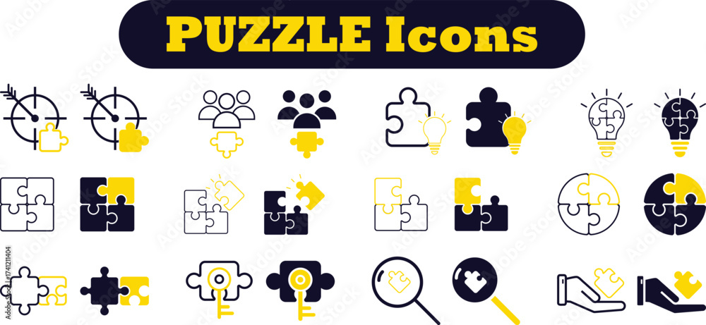 Fototapeta premium Puzzle and teamwork icon set. Jigsaw, idea, solution etc. Editable stork icons for solution finding, collaboration, integration, ideas, innovation, strategy, and shared goals