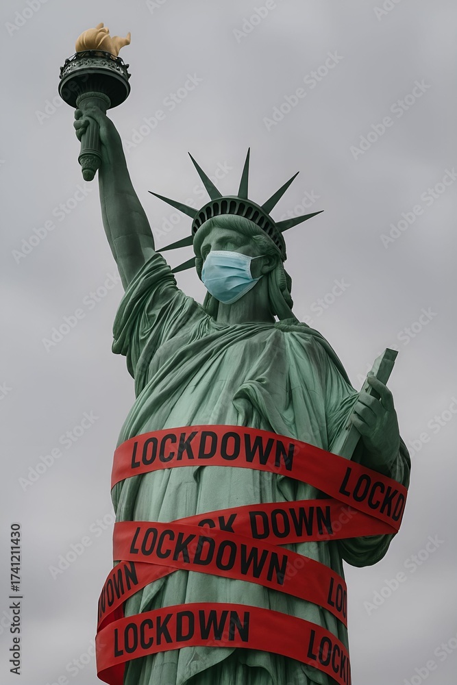 Fototapeta premium The Statue of Liberty is wrapped in red “LOCKDOWN” tape. For national shutdown or lockdown in the United States. Political tension, social limitations, pandemic effects, and economic disruption