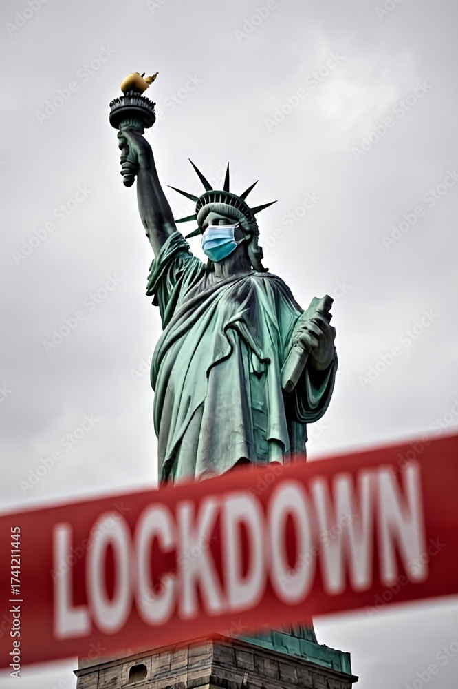 Fototapeta premium The Statue of Liberty is wrapped in red “LOCKDOWN” tape. For national shutdown or lockdown in the United States. Political tension, social limitations, pandemic effects, and economic disruption