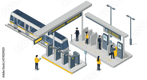 Modern isometric train station with passengers in urban setting