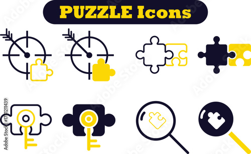 Puzzle and teamwork icon set. Jigsaw, idea, solution etc. Editable stork icons for solution finding, collaboration, integration, ideas, innovation, strategy, and shared goals