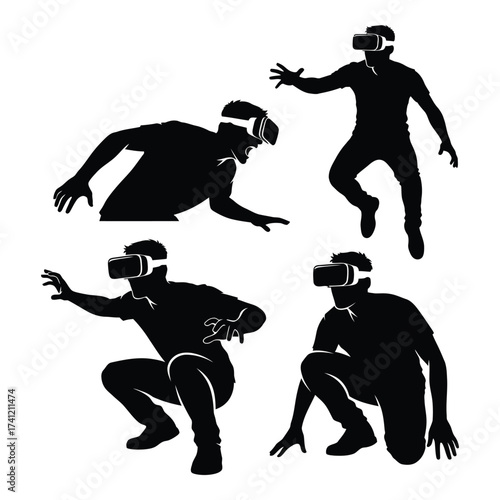 Dynamic silhouettes of individuals experiencing virtual reality in various action poses silhouette