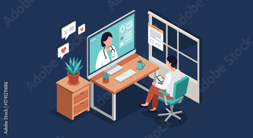 Telemedicine consultation in modern home office setting with isometric design