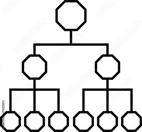Outline vector icon showing a hierarchical system or organization structure. Represents management, teamwork, leadership, levels, and workflow. Perfect for business infographics, corporate design