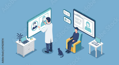 Isometric telemedicine scene with doctor and patient in virtual consultation…