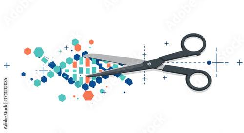 Geometric abstract art with scissors cutting through decorative shapes