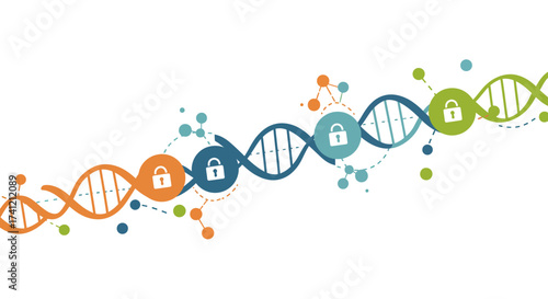 Dna strand with padlocks representing data security and privacy in a digital…