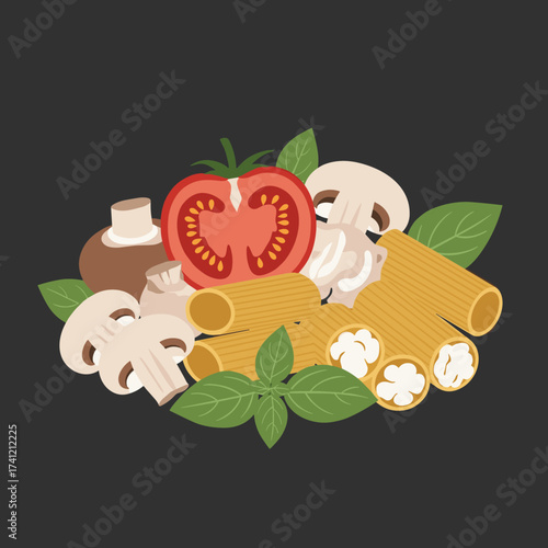 Delicious pasta dish with fresh tomatoes mushrooms and basil leaves.