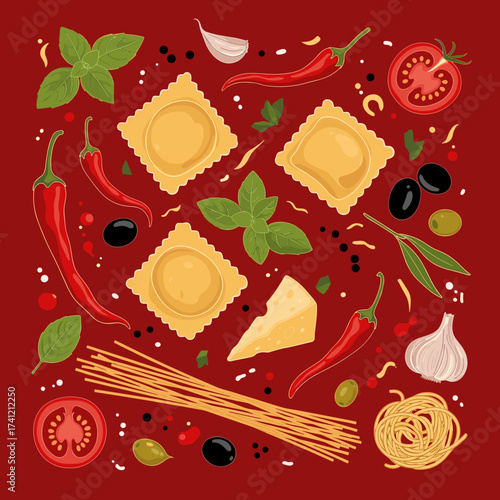 A vibrant overhead view of Italian pasta dishes and ingredients arranged beautifully on a deep red background.