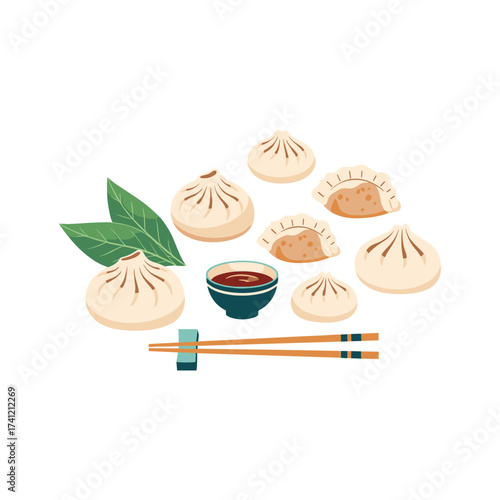 A delicious assortment of dumplings and steamed buns with soy dipping sauce and chopsticks.