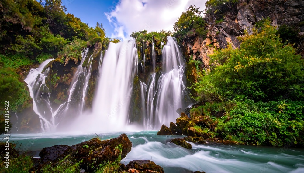 Obraz premium Beautiful Waterfall Cascading Over Rocks Surrounded by Lush Greenery