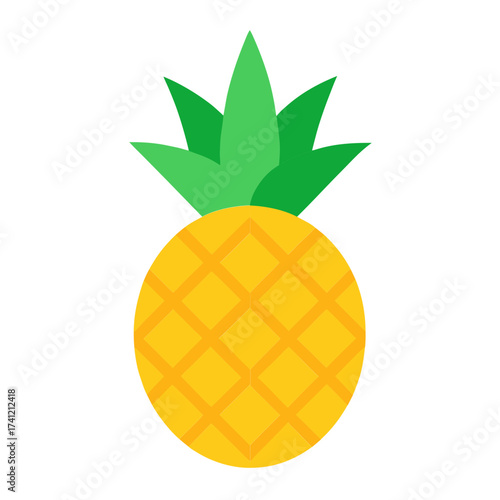 Stylized yellow pineapple with green leaves isolated on white background