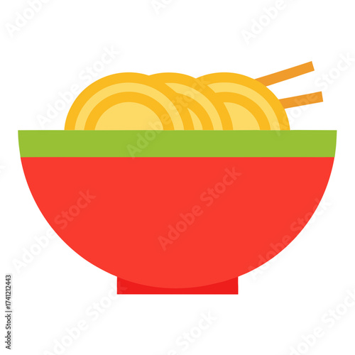 Stylized bowl of noodles with chopsticks isolated on white background
