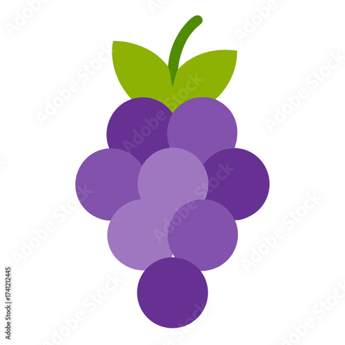 Stylized bunch of purple grapes with green leaves isolated on white background