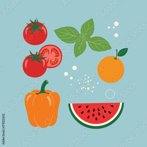 A vibrant assortment of fresh fruits and vegetables including tomatoes oranges bell peppers basil watermelon and salt sprinkles.