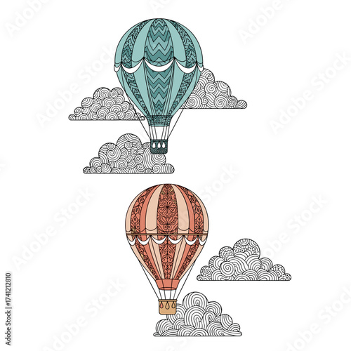 Two vintage hot air balloons ascend into a sky filled with ornate clouds
