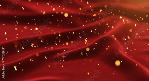 Luxurious Red Wavy Background with Golden Shimmering Particles. Elegant Flowing Fabric Texture and Bokeh Light Effect for Celebrations, Holidays, and Festive Design.
