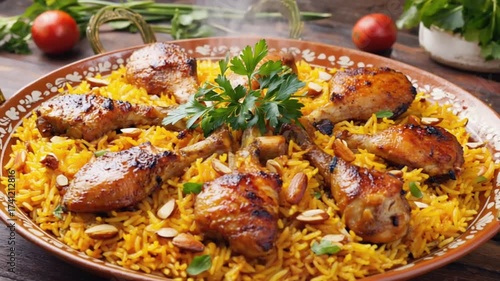 Spiced kabsa rice dish arranged neatly with grilled chicken pieces and vegetable garnish