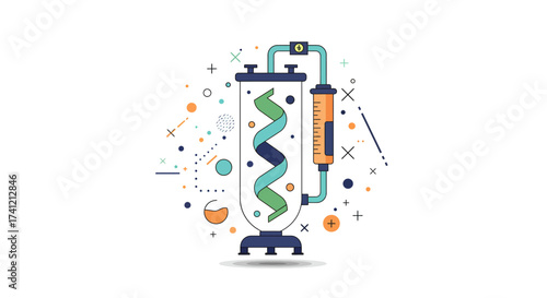 Modern scientific apparatus with dna helix and geometric elements in flat design
