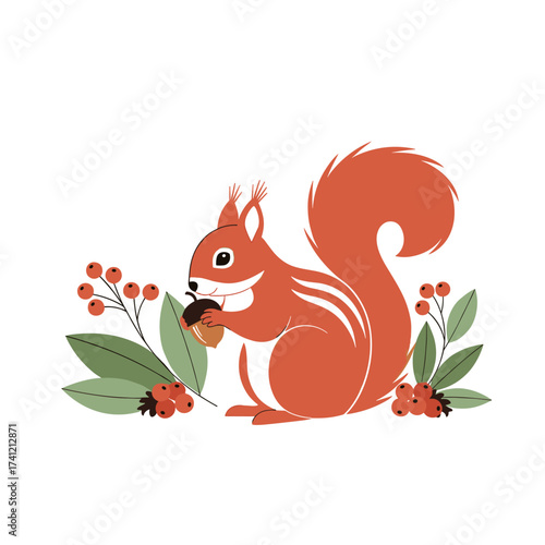 An adorable squirrel with a bushy tail enjoys a tasty acorn in a whimsical forest setting.