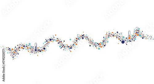 Colorful dotted wave with thermometers indicating temperature changes