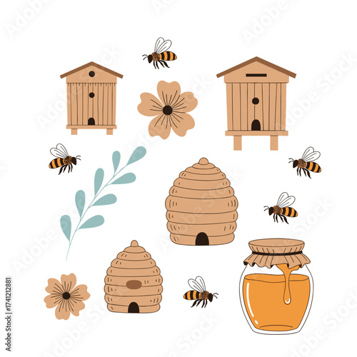 A delightful collection of charming beehives and buzzing bees amidst floral elements representing nature and pollinators.