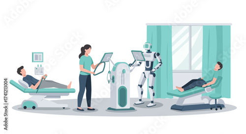 Robotic assistants and healthcare professionals in a modern medical clinic