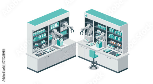 Advanced isometric laboratory automation with robotic arms in a futuristic se…