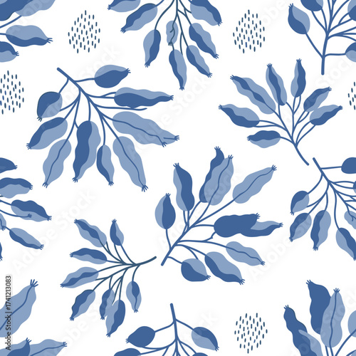Seamless pattern with blue botanical branches and scattered dots.