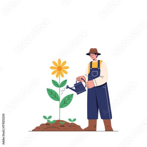 A farmer waters a growing sunflower and small sprouts in the soil.