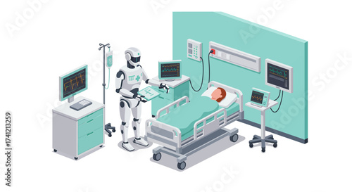 Isometric hospital scene with robot assisting patient in high-tech medical room