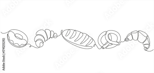 Fresh breads one line continuous drawing. Wheat bread, pretzel, donut, croissant, bagel, french baguette continuous one line illustration.