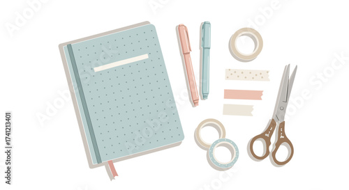 Pastel stationery with notebook, markers, and scissors for crafting inspiration
