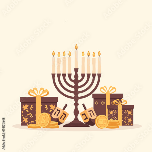 A bright menorah illuminates gifts and gelt surrounding dreidels during a joyous celebration of tradition and light.