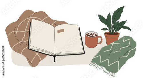 Cozy reading nook with open book, warm blanket, mug of cocoa, and potted plant