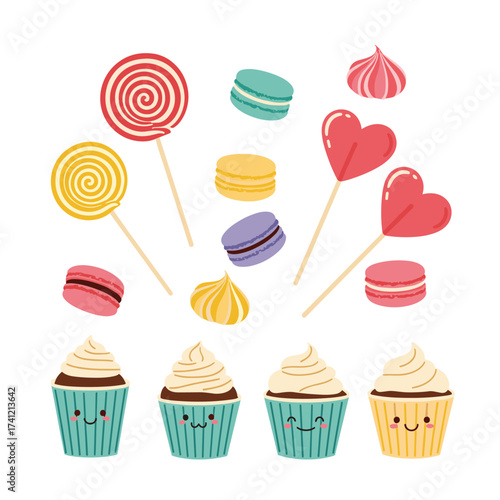 A delightful collection of colorful sweet treats including lollipops macarons and cupcakes.