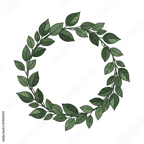 A beautiful circular wreath composed of lush green leaves creating an elegant natural border.