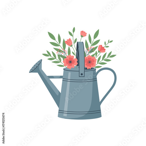 A watering can filled with blooming flowers and green leaves.